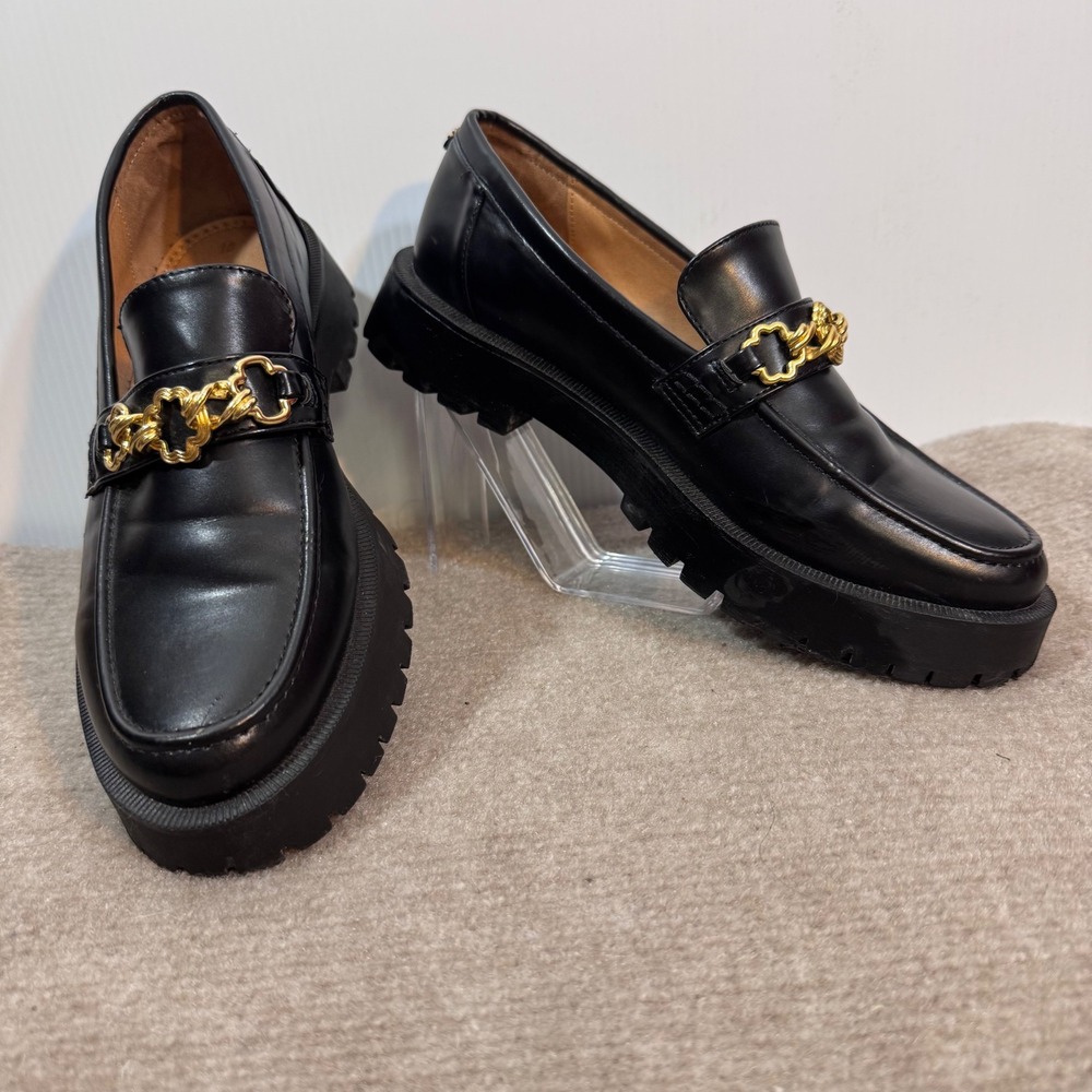 Sam & Libby Loafers Womens 10 Black Gold Chain Lug Sole Platform Preppy Goth